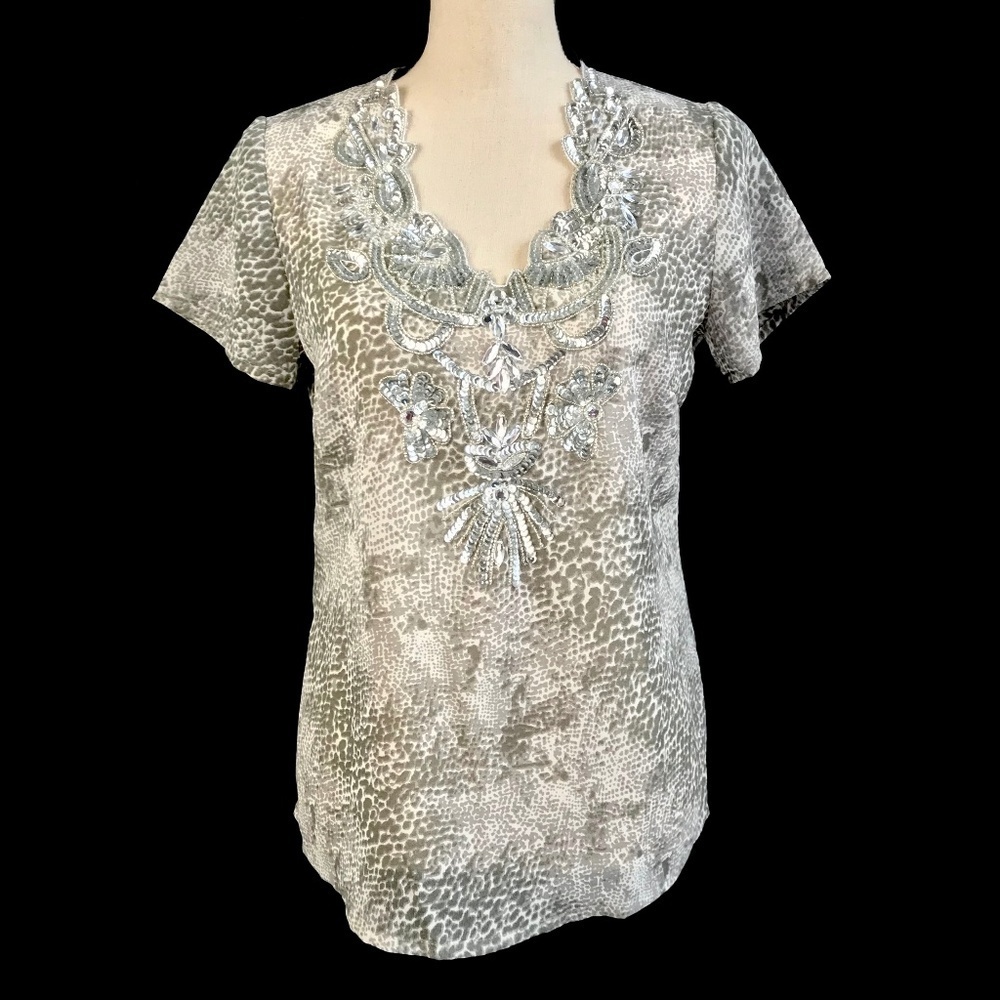 Venus Jeweled Gray Snake Print Sheer Top​